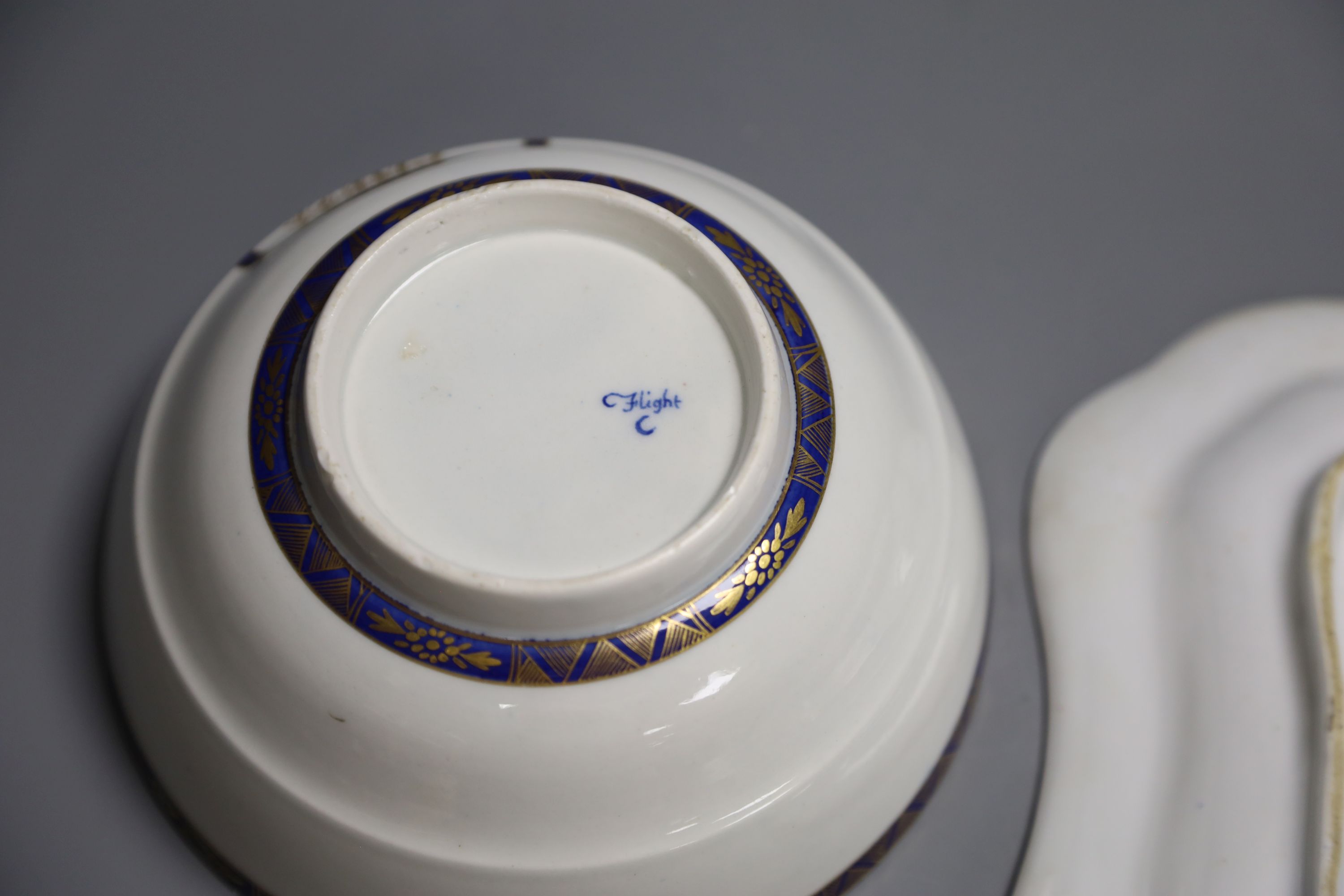 An 18th century Worcester square shaped dish with the Music pattern, 24cm, and a Worcester Flight period bowl